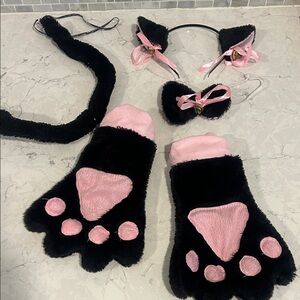 Cat mittens, headband, bow tie, and tail